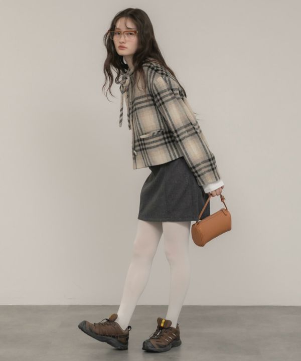 HEILIS リボンタイ ショートコート チェック ベージュ GU公式